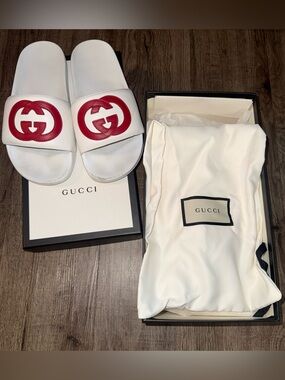 White and Red Gucci Slides
